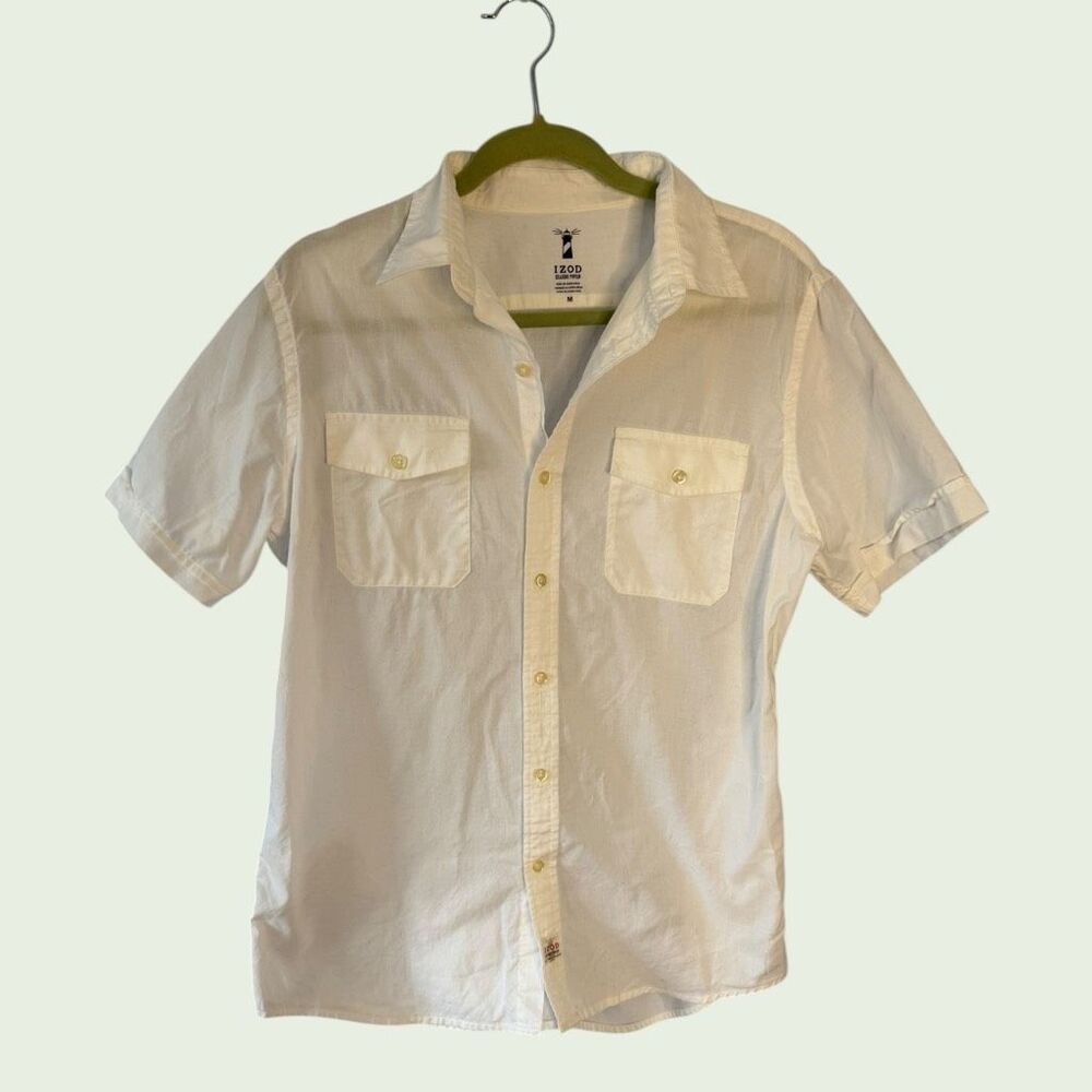 IZOD Seaside Poplin Short Sleeve Button Down Shirt White Men's Size M